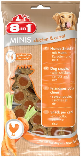 Лакомство для собак 8in1 Minis Chicken & Carrot, курица и морковь с рисом