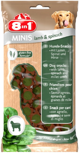 Лакомство для собак 8in1 Minis Lamb & Spinach, ягненок и шпинат с картофелем 