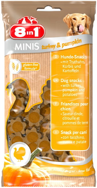 Лакомство для собак 8in1 Minis Turkey & Pumpkin, индейка и тыква с картофелем